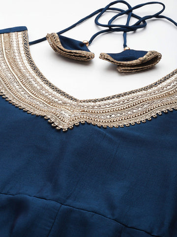 Varanga Women Blue Lace Embroidered Anarkali Kurta Paired With Net Sequined Dupatta